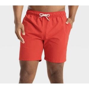 Red Swim Trunks Men's Medium 7" Inseam Elastic Waist Drawstring NWT